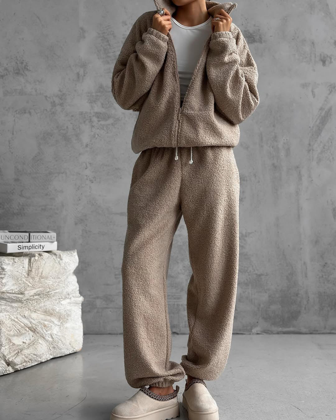 Damen gemütliches Fleece-Jogginganzug-Set mit Kapuze und elastischem Bund R&B