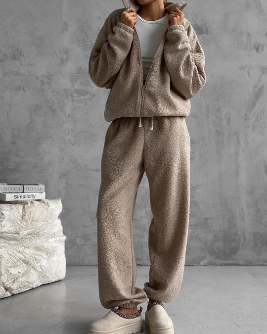 Damen gemütliches Fleece-Jogginganzug-Set mit Kapuze und elastischem Bund R&B