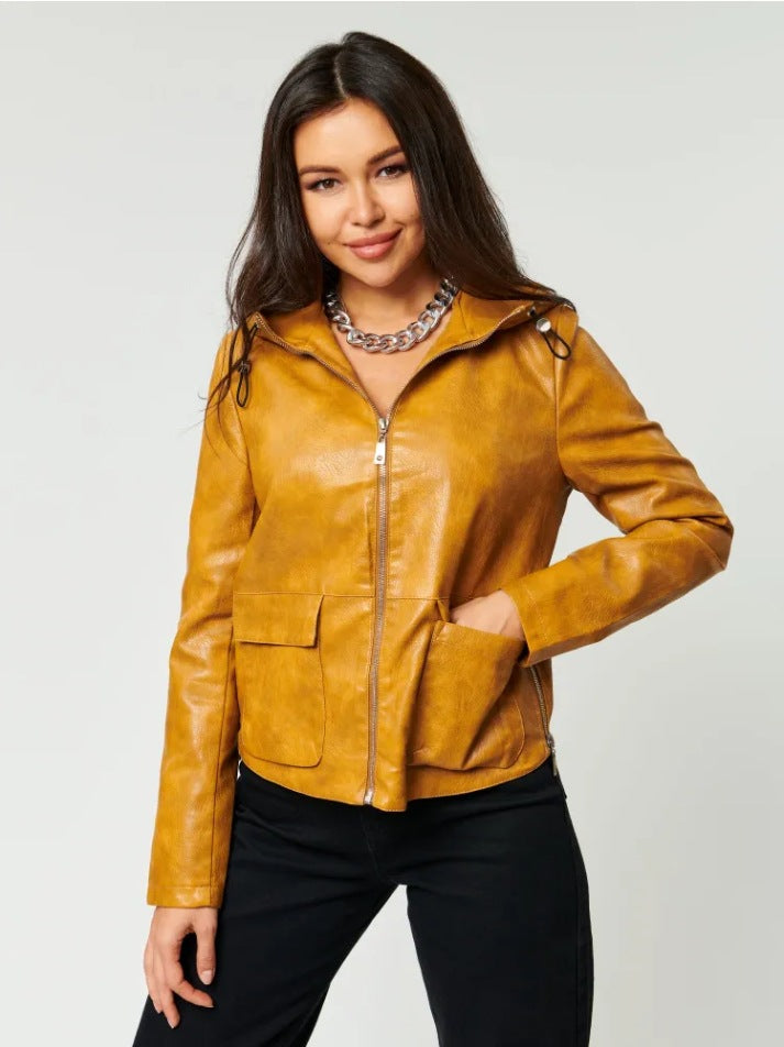 Damen Kunstlederjacke mit angeschnittenem Hoodie und praktischen Taschen R&B