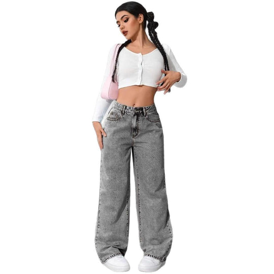 Damen Weit geschnittene Jeans mit kräftigen Kontrastnähten und verspielt gestickten Taschen R&B