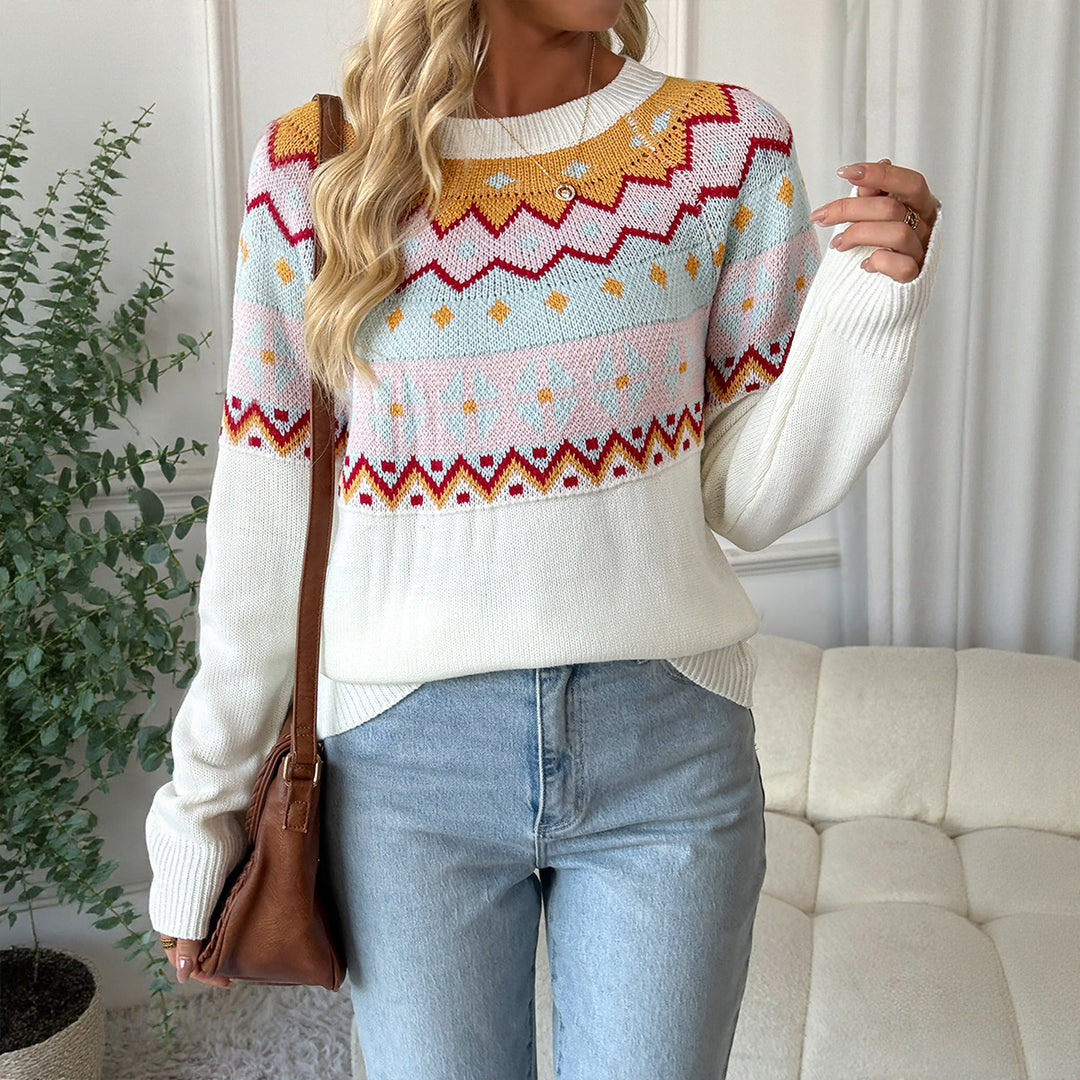 Damen Strickpullover mit traditionellem Muster und überschnittenen Schultern R&B