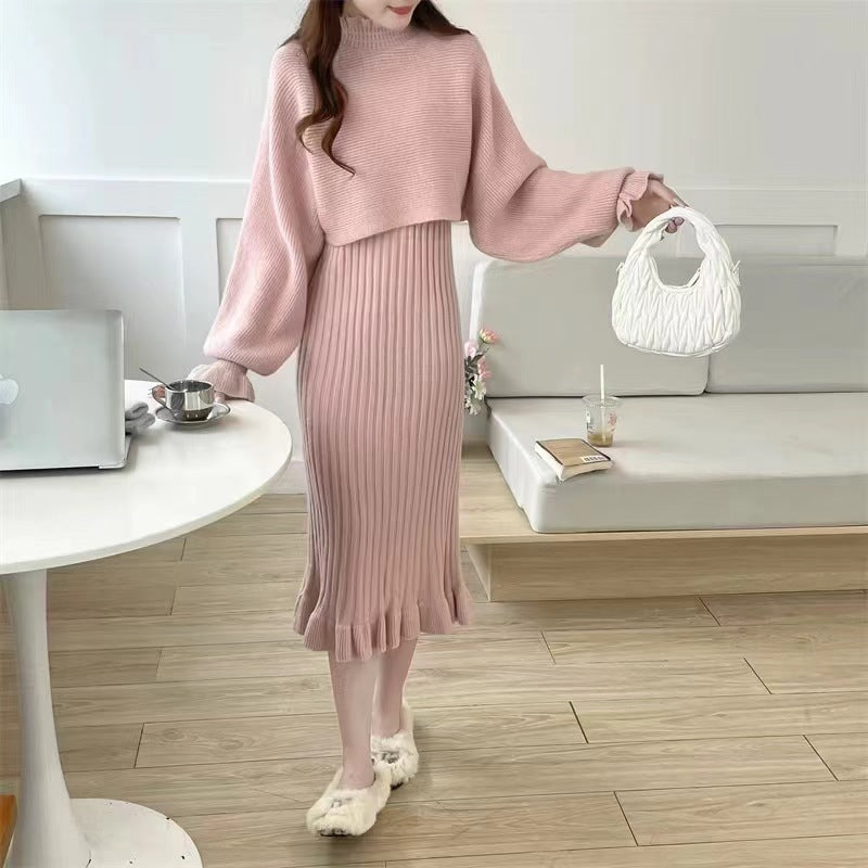 Damen Strickkleid mit hochgeschlossenem Kragen und Rippstruktur R&B