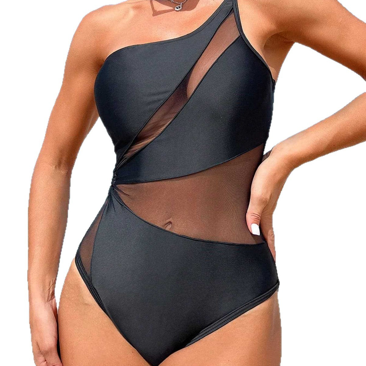 Damen Einseitiger Badeanzug mit raffinierten Mesh-Elementen R&B