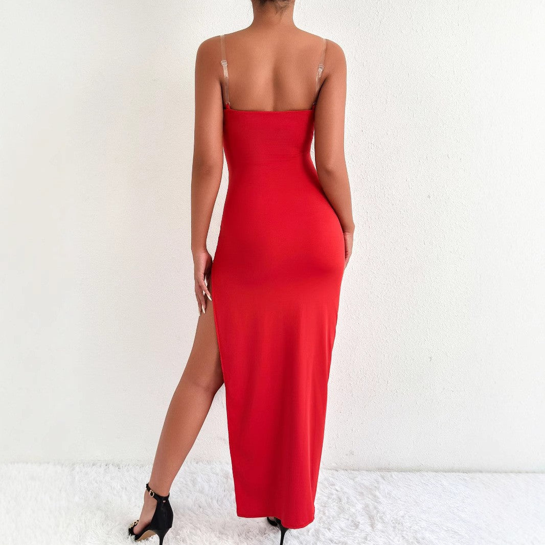 Damen Elegantes Maxikleid mit seitlichem Schlitz und feinen Trägern R&B