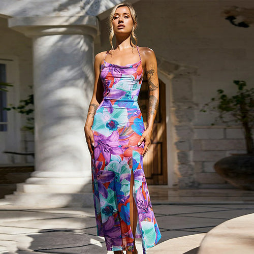 Damen Maxikleid mit floralem Druck und sexy hohem Schlitz R&B