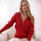 Damen Strickpullover mit elegantem Kabelmuster und modischem Stehkragen R&B