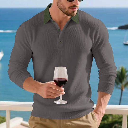 Herren Langarm Poloshirt mit strukturiertem Design und kontrastierendem Stehkragen R&B