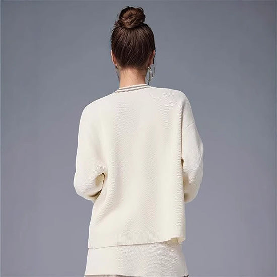Damen lässiger Strickcardigan mit Kontraststreifen und Taschen R&B