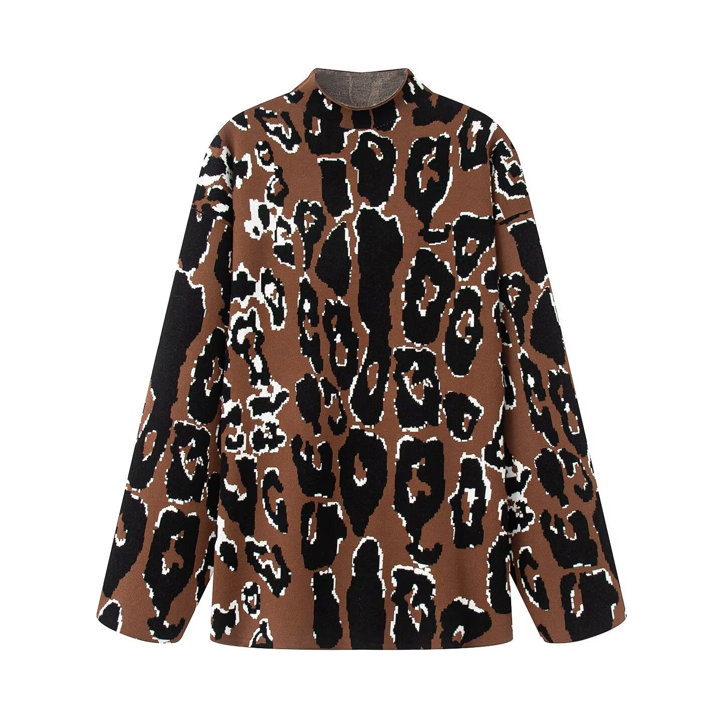 Damen Oversized Pullover mit animalischem Muster und hohem Kragen R&B