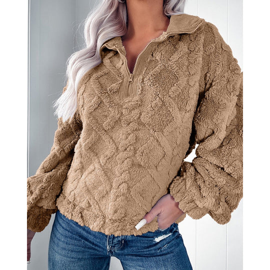 Damen Fleece-Pullover mit halbem Reißverschluss und strukturiertem Design R&B