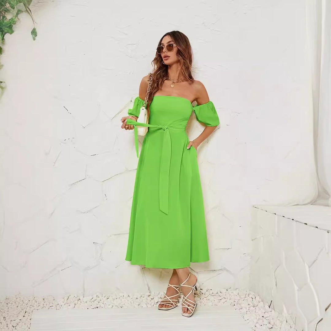 Damen Off-Shoulder Maxikleid mit geknotetem Taillengürtel R&B