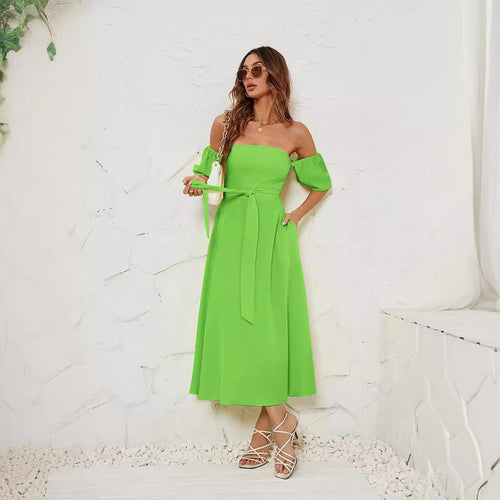 Damen Off-Shoulder Maxikleid mit geknotetem Taillengürtel R&B