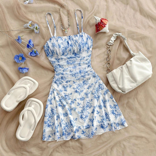 Damen Sommerliches Blumenkleid mit Spaghetti-Trägern und Raffungen R&B