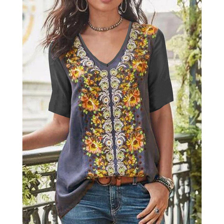 Damen V-Ausschnitt Bluse mit floralen Stickereien und bequemen kurzen Ärmeln R&B