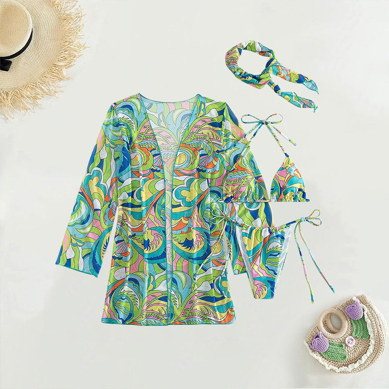 Damen Bunt bedruckter Bikini mit langem Cover-Up R&B