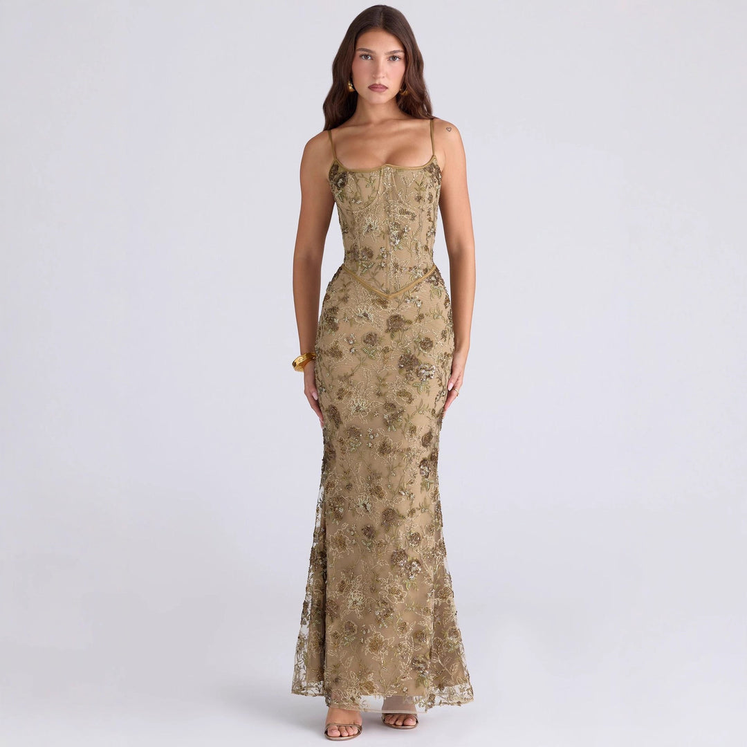 Damen nan elegantes besticktes Abendkleid mit Korsettoberteil und transparentem Spitzenüberzug R&B