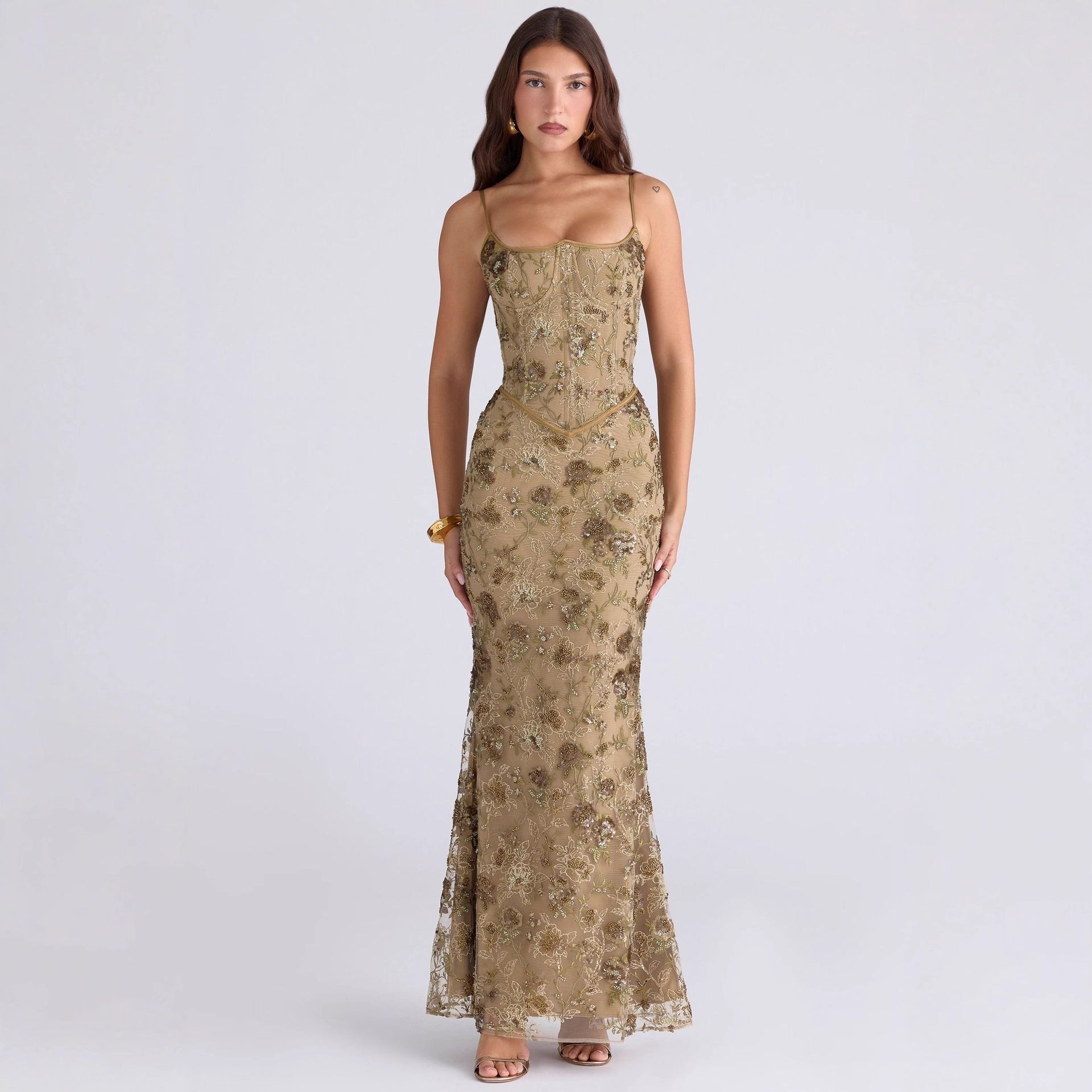 Damen nan elegantes besticktes Abendkleid mit Korsettoberteil und transparentem Spitzenüberzug R&B