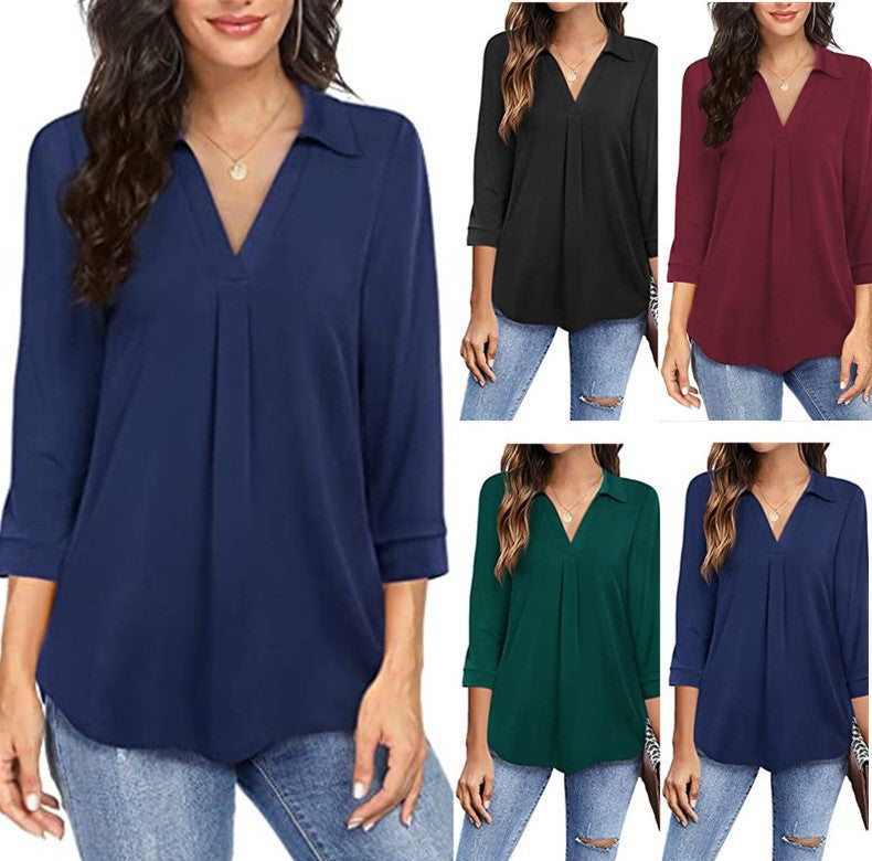 Damen Blusenshirt mit V-Ausschnitt und verkürzten Ärmeln R&B