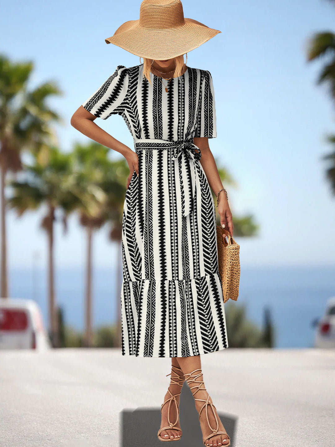 Damen Midikleid mit schmeichelndem Gürtel und voluminösem Rock R&B