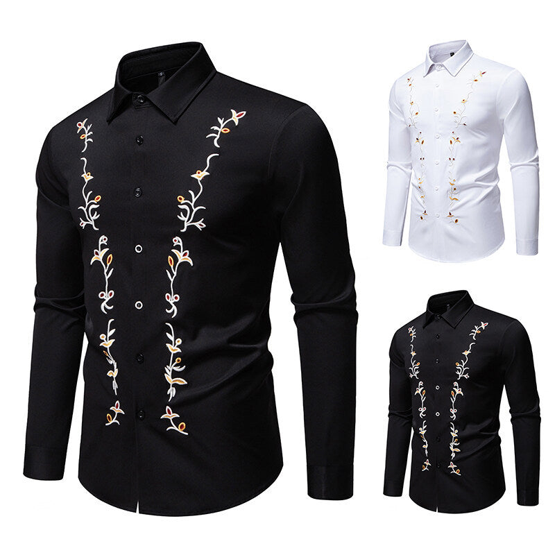 Herren Langarmhemd mit floralen Stickereien