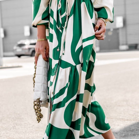 Damen Hemdblusenkleid mit modischem Wellenmuster und Taillengürtel R&B