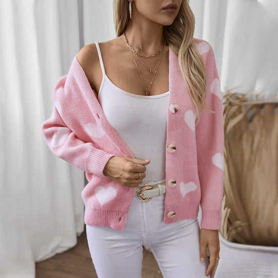 Damen modische Strickjacke mit Herzmotiven und Knöpfen R&B