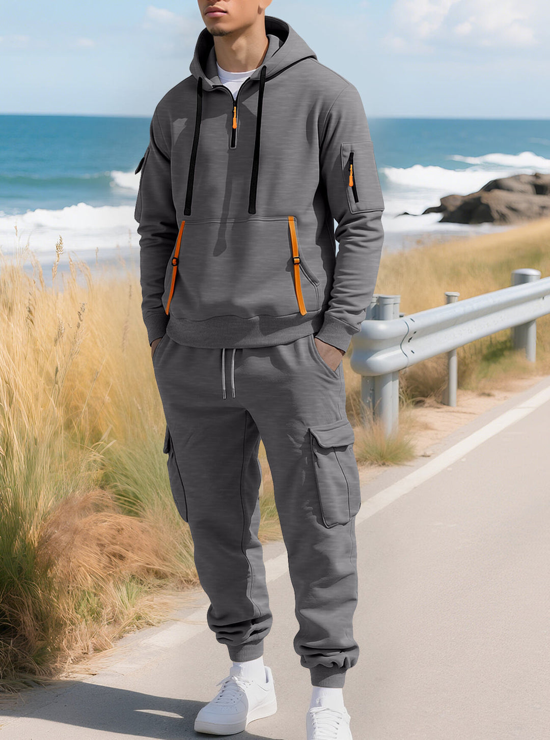 Herren nan lässiger Halbzip Hoodie mit Kängurutasche und Cargo Jogginghose mit Reißverschlussdetails R&B