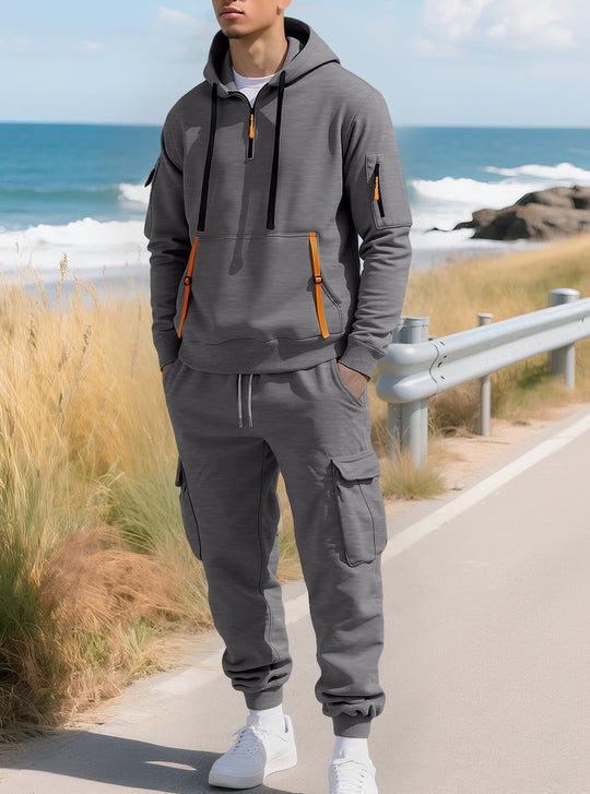 Herren nan lässiger Halbzip Hoodie mit Kängurutasche und Cargo Jogginghose mit Reißverschlussdetails R&B