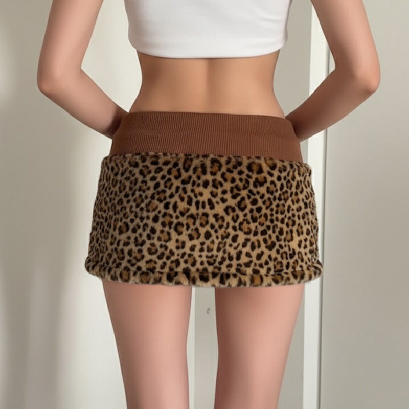 Damen eleganter Minirock aus fellartigem Material mit Modellknopf und Taillenband R&B