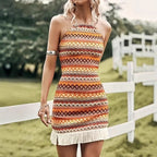 Damen Strandkleid mit fransigem Saum und auffälligem geometrischem Muster R&B