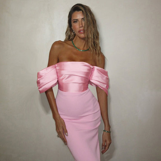 Damen schulterfreies Maxikleid mit elegantem Wickeldetail und voluminösen Puffärmeln R&B