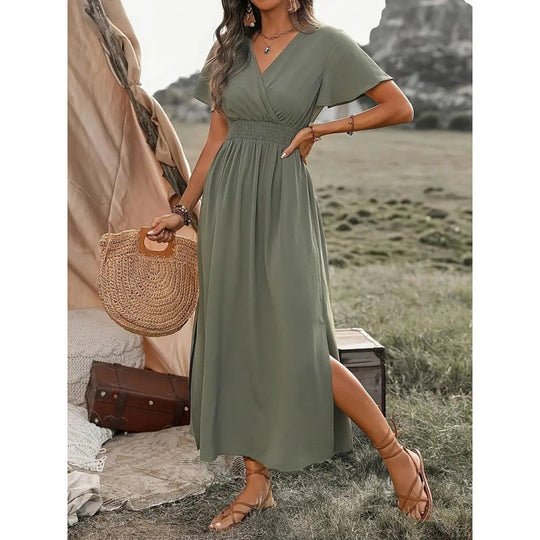Damen Maxikleid mit fließendem Schnitt und Wickeldetails R&B
