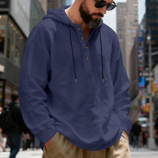 Herren nan leichter Kapuzenshirt mit Knopfleiste aus Leinenmischung und entspanntem Schnitt R&B