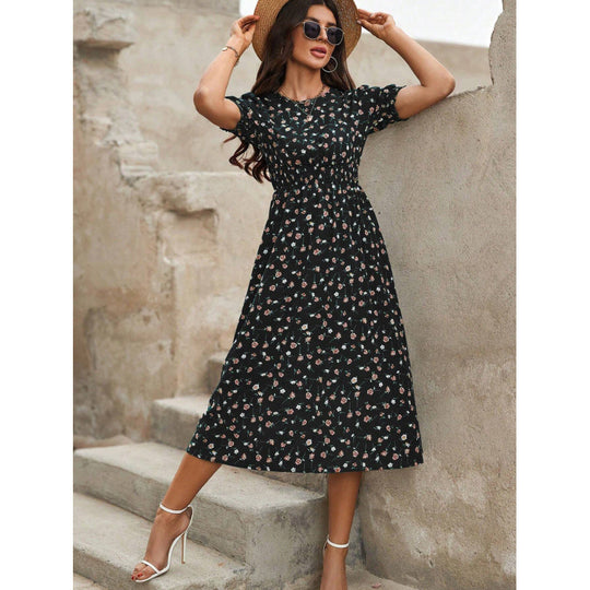 Damen Leichtes Blumendruck Maxi Kleid mit Smock-Taille R&B