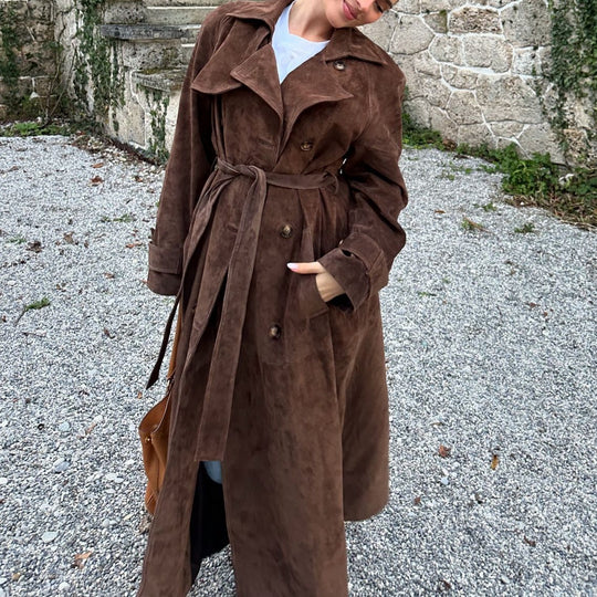 Damen Suede Trenchcoat mit Gürtel und eleganten Knopfdetails R&B