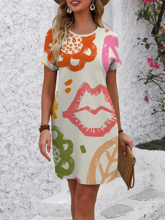 Damen lässiges T-Shirt Kleid mit kreativem Stempel-Design R&B
