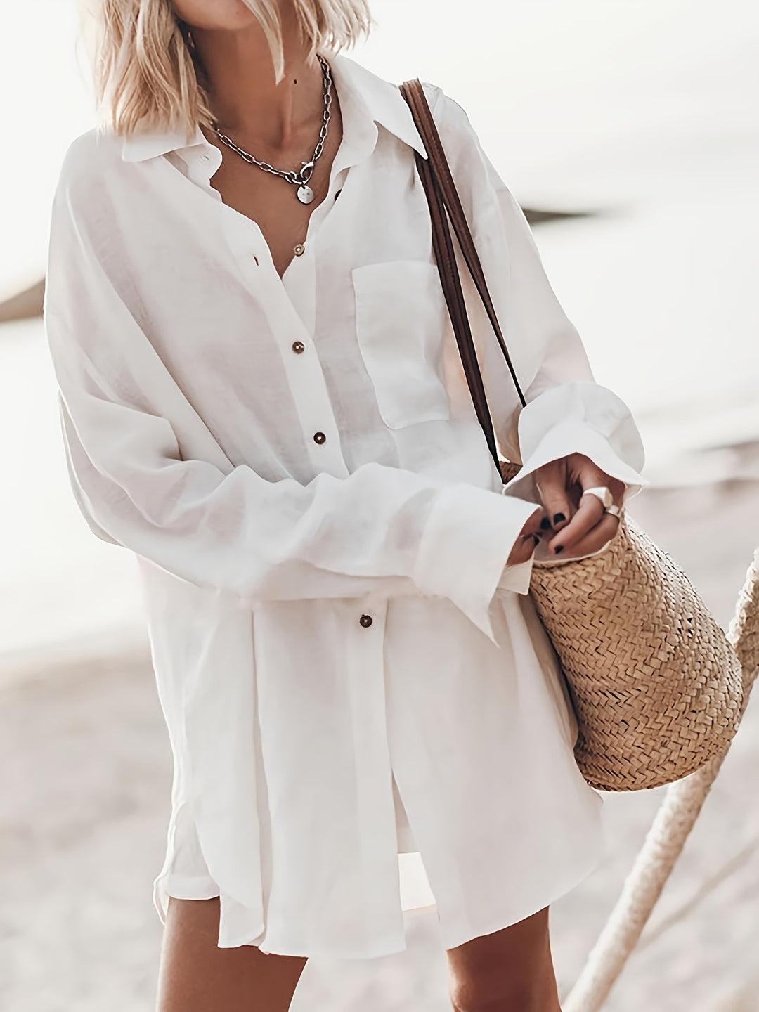 Damen lässige Oversized-Bluse aus Leinen R&B