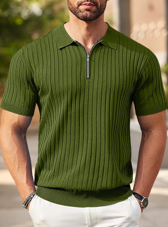 Herren nan elegantes strukturiertes Kurzarm-Strickpolo mit kurzem Metallreißverschluss und Hemdkragen R&B