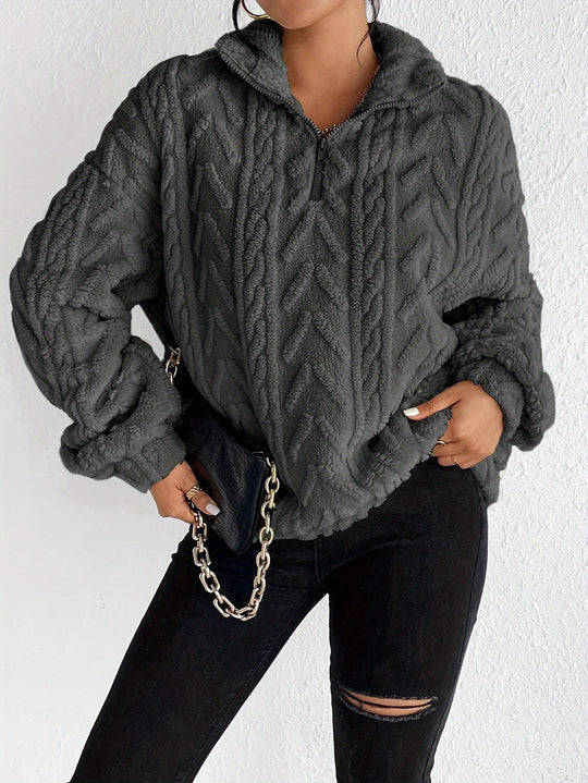 Damen Kuscheliger Fleece-Pullover mit hohem Kragen und Zipper-Detail R&B