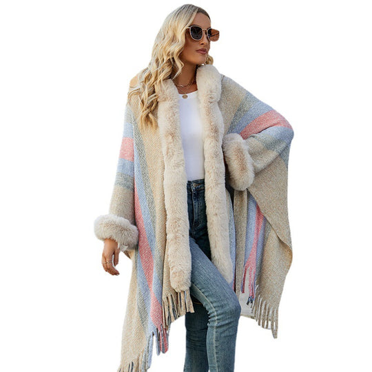 Damen modischer Poncho mit luxuriösem Kunstfellkragen und Fransen R&B