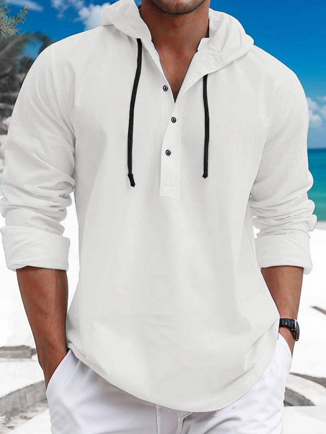 Herren lässiges Kapuzenshirt mit Knopfleiste und atmungsaktiver Struktur R&B