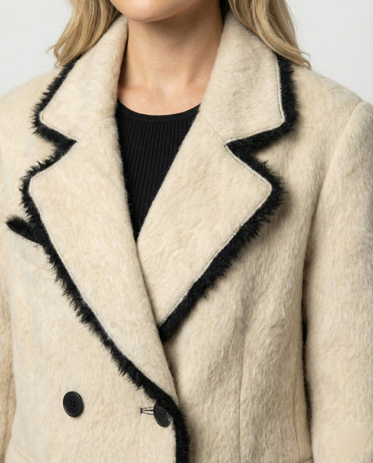 Damen Grobstrickjacke Damen weit geschnittener Doppelreiher Mantelblazer aus Flauschgarn mit Reverskragen und Pattentaschen R&B