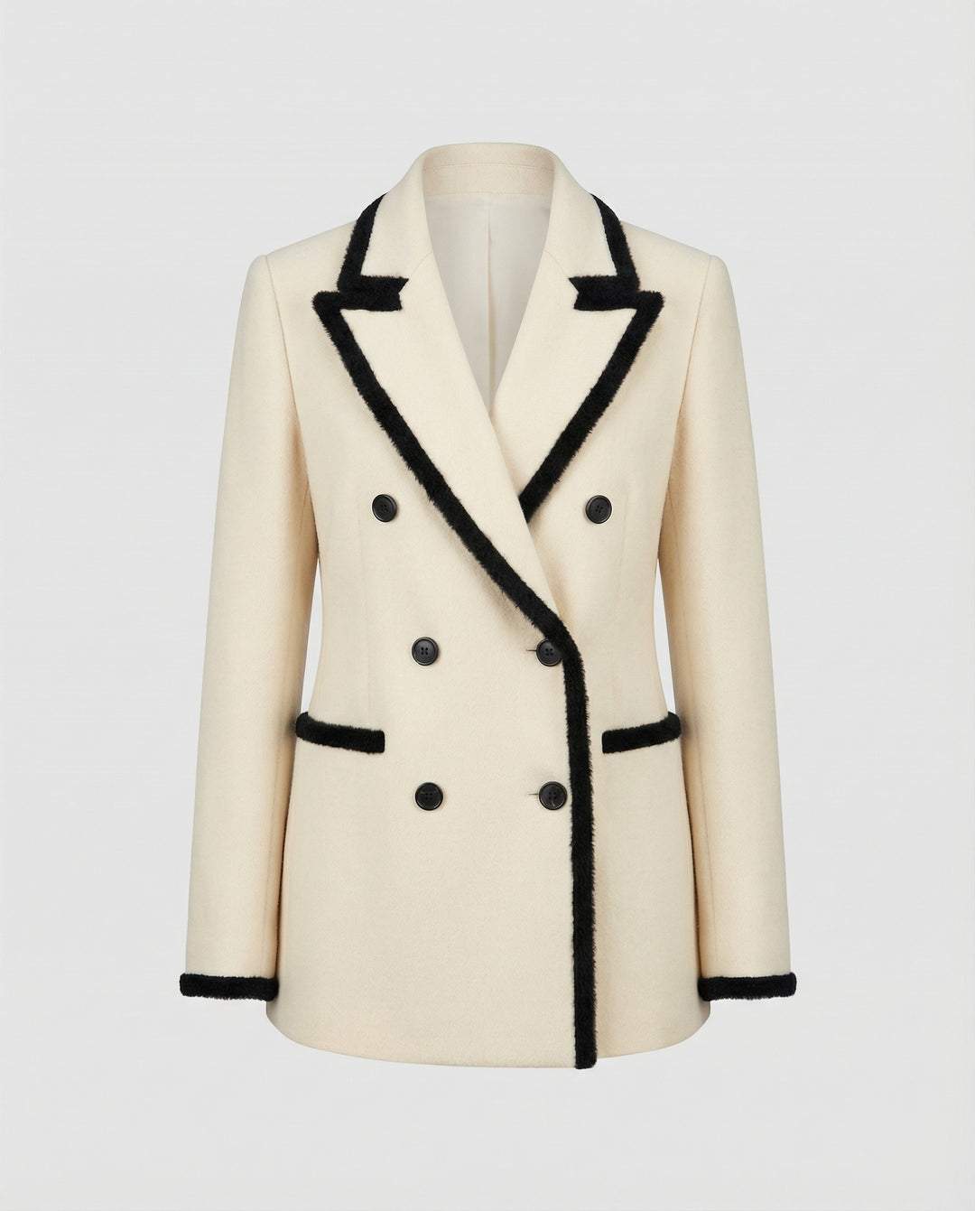 Damen Grobstrickjacke Damen weit geschnittener Doppelreiher Mantelblazer aus Flauschgarn mit Reverskragen und Pattentaschen R&B