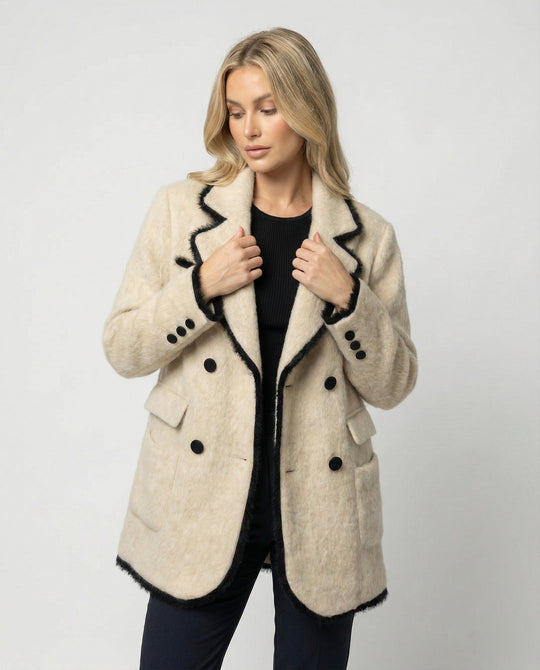 Damen Grobstrickjacke Damen weit geschnittener Doppelreiher Mantelblazer aus Flauschgarn mit Reverskragen und Pattentaschen R&B