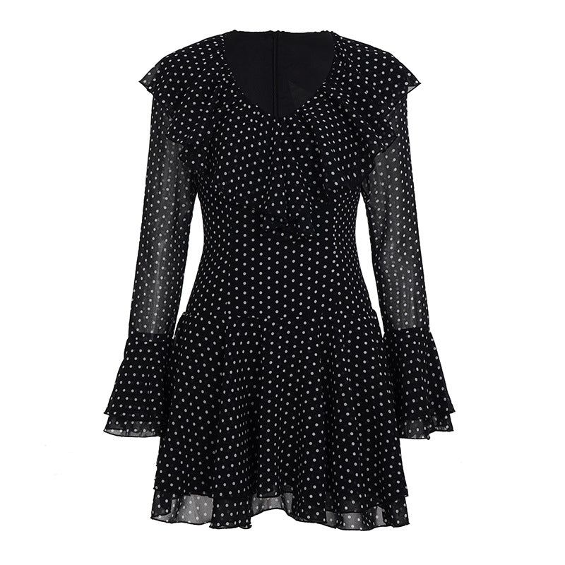 Damen Polka-Dot Kleid mit voluminösen Rüschendetails und transparenten Ärmeln R&B