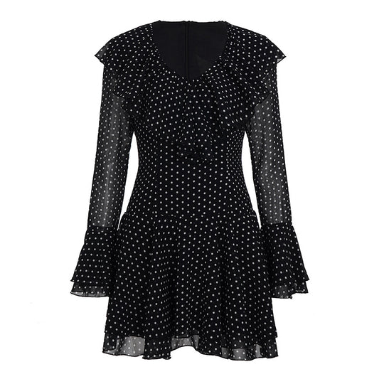 Damen Polka-Dot Kleid mit voluminösen Rüschendetails und transparenten Ärmeln R&B