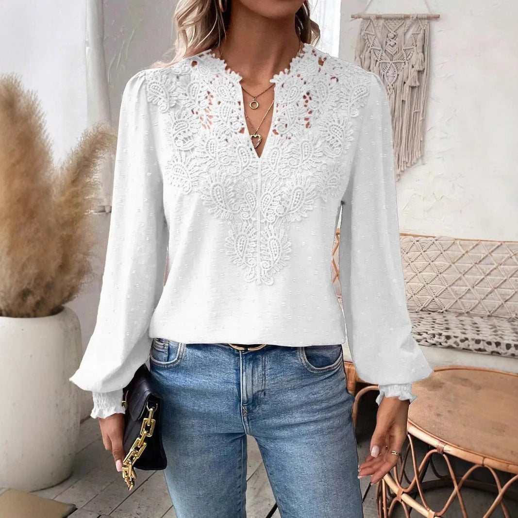 Damen nan Spitzenapplikation V-Ausschnitt Bluse mit Strukturpunkt, gerafften Manschetten und leicht taillierter Silhouette R&B