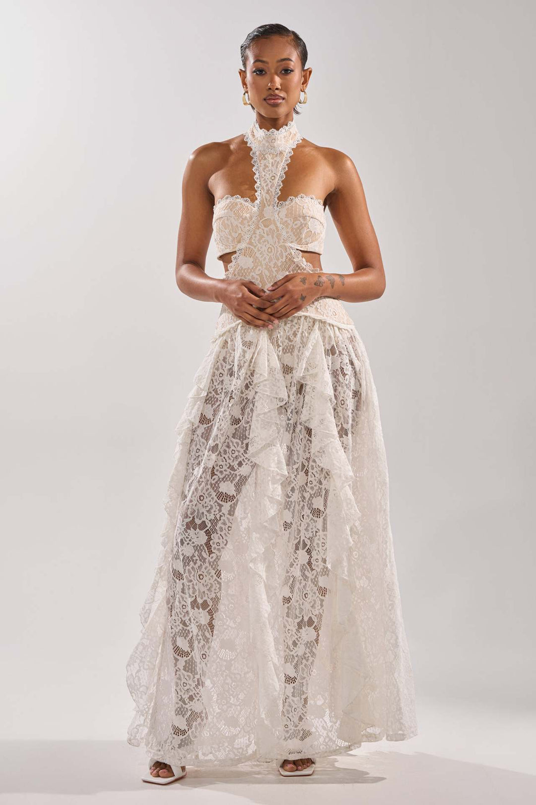 Damen elegante Spitzentraumkleid mit hochgeschlossenem Kragen und fließendem Rock R&B