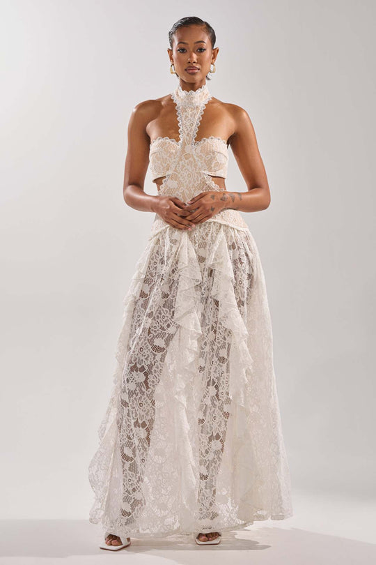 Damen elegante Spitzentraumkleid mit hochgeschlossenem Kragen und fließendem Rock R&B