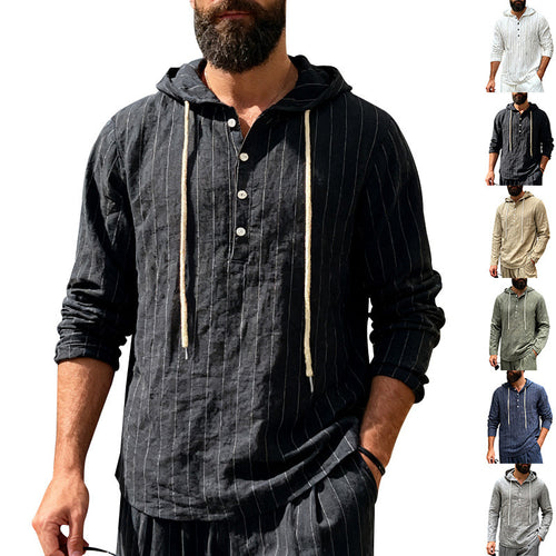 Herren nan Kapuzenshirt aus Leinenmix mit halber Knopfleiste und Nadelstreifen R&B